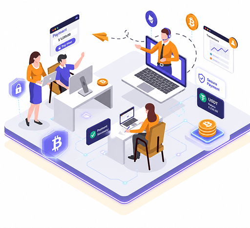 Payment platform illustration with people managing transactions